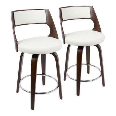 Tabouret de comptoir pivotant Mid-Century moderne en cerisier et similicuir blanc par - ensemble de 2