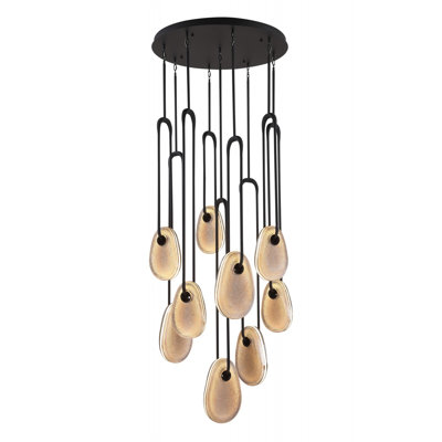 Palmea 9-Light 31"W Oval Shape Smoked Glass LED Pendant in Matte Black
