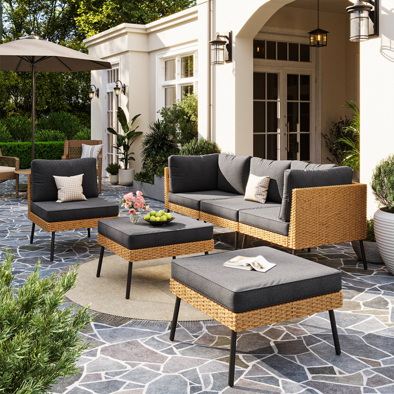 Ensemble de conversation de patio 6 pièces avec coussins amovibles, ensemble de conversation modulaire en osier toutes saisons avec repose-pieds