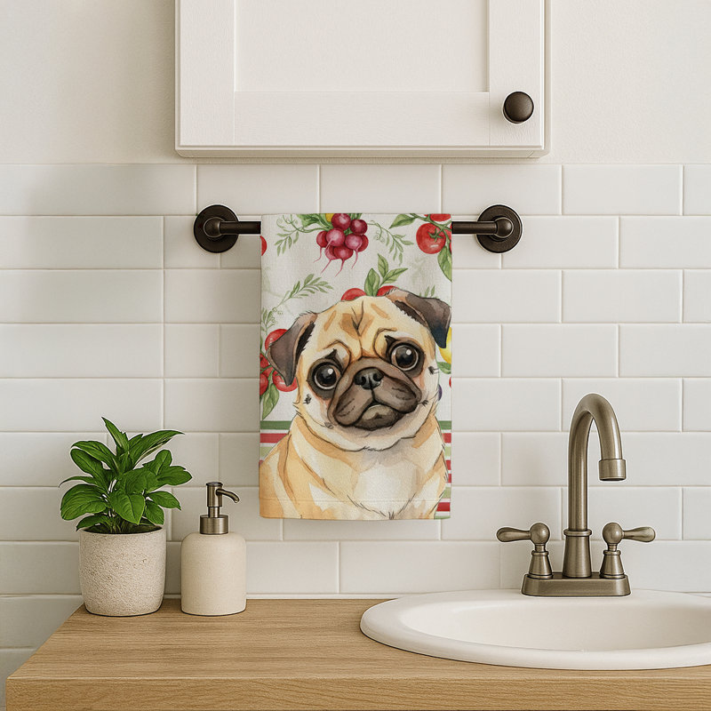 Fawn Pug Vegetables Kitchen Towel, Fawn Pug