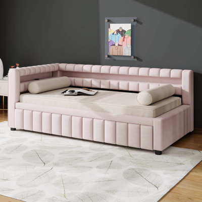 Upholstered Daybed with Trundle, Corner Bed with LED Lights, USB Ports and Storage Headboard