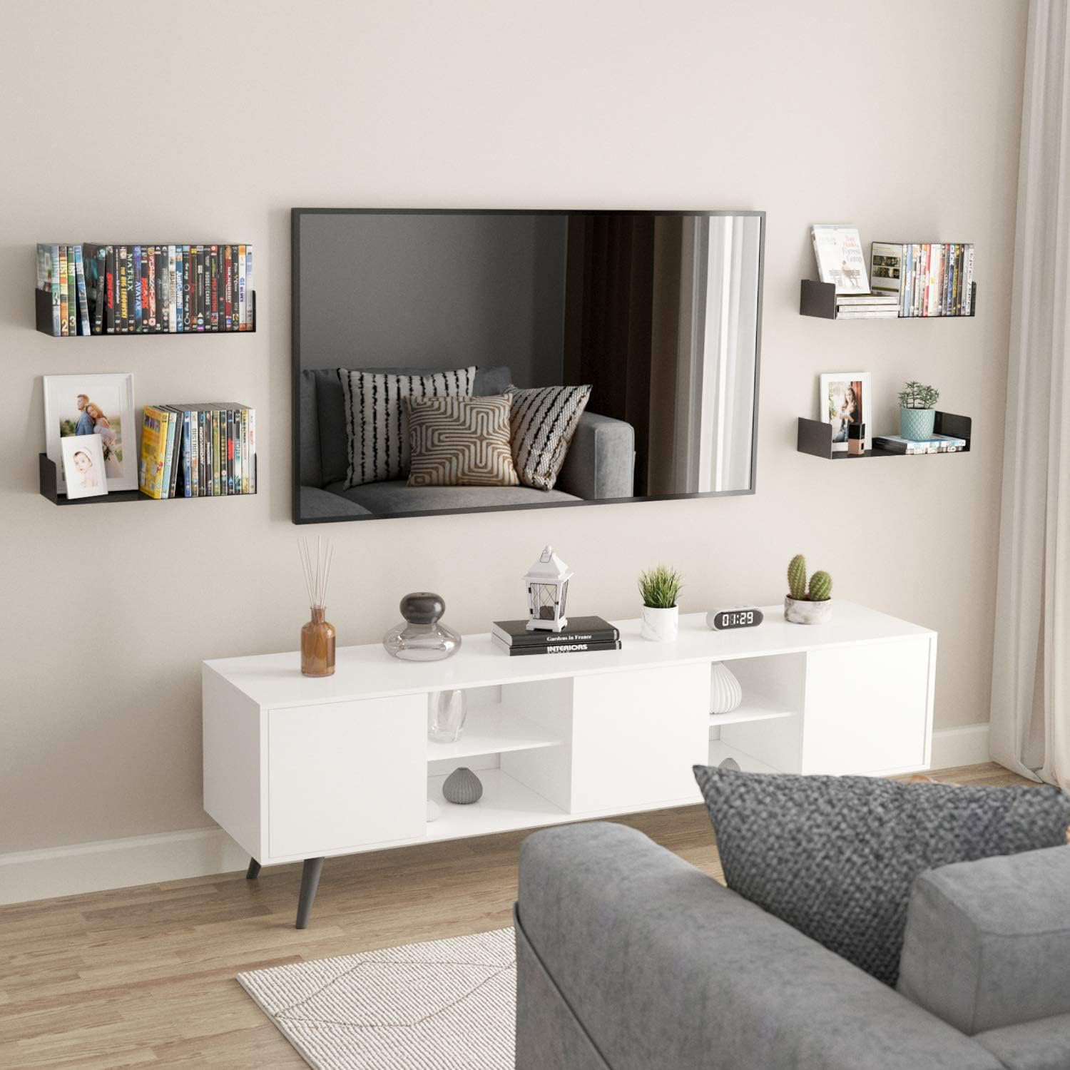 17 Stories Black Floating Wall Shelves Set Of 4, Metal CD & DVD Storage ...