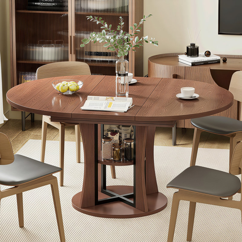 44‘’ Extendable Dining Table for 4-8 People, Round Dining Table with Scratch-Resistant MDF, Modern Kitchen Table with Noiseless Sliding & Storage, Dining Room Table, Walnut
