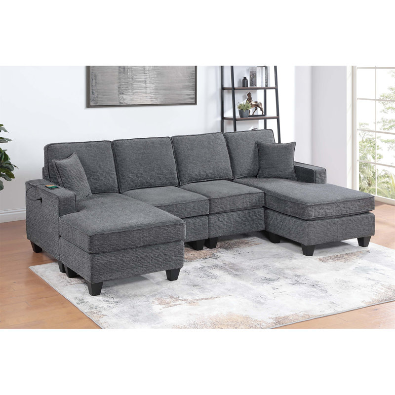 3Pc Sectional Set Right Arm And Left Arm Chaise USB Port Armless Loveseat Plastic Legs Matching Two Pillows Primary Living Room Slate Gray Finish