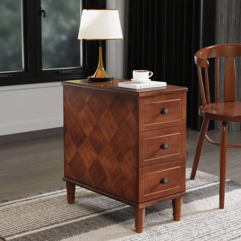 11.8" Solid Wood Narrow End Table Coffee Table, Fully Assembled Bedside Table with 3 Drawers for Small Spaces