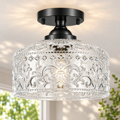9.5" Black Semi Flush Mount Ceiling Light with Clear Patterned Glass Shade