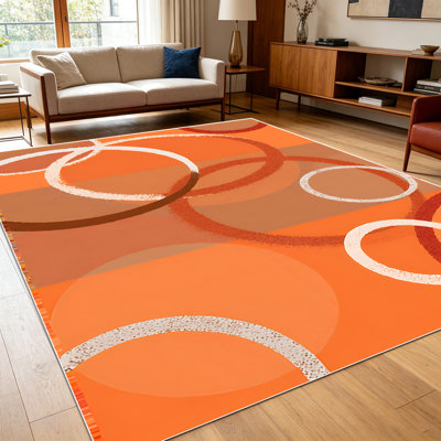 1PC modern geometric overlapping warm tone orange circle abstract print area rugs for Living Room, Soft and Comfortable, Suitable for all seasons, easy-to-maintain, machine washable Indoor floor mat, Under Table Farmhouse suitable for dining room,