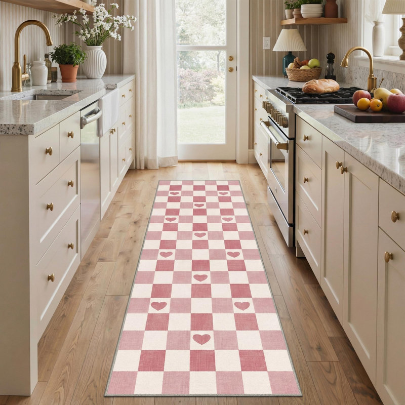 Coady Modern Heart Machine Washable Pink / Beige Indoor Area Rug with Non-Slip Backing, Runner 2' x 7'