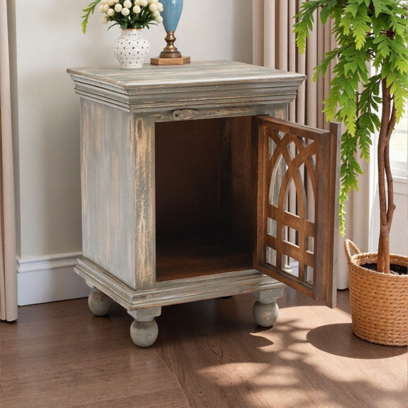 Table de chevet en bois de manguier avec motif floral sculpté