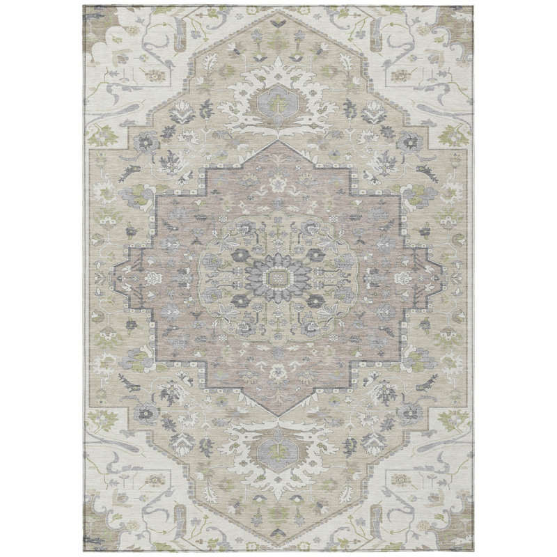 Ivory and Beige Rectangular Synthetic Washable Area Rug
