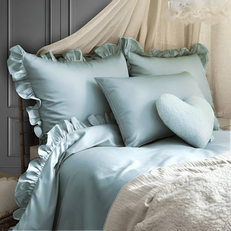 400TC Cotton Sateen Ruffle Cotton 4 Piece Sheet Set Fitted Sheet Fits Upto 16" Deep Pocket, Full Sheet Set, Light Blue