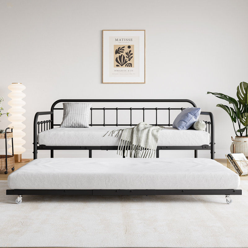 Twin Size Metal Daybed Frame With Trundle, Heavy Duty Steel Slat Support Sofa Bed Platform With Headboard