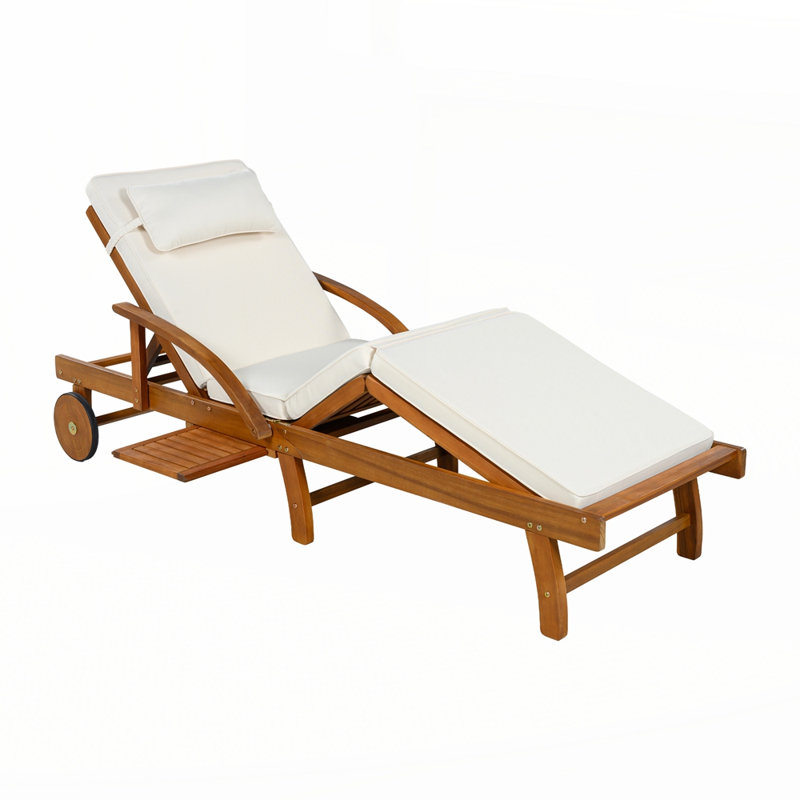 Adjustable Outdoor Lounge Chair Acacia Wood Frame with Cushions, Beige, 2