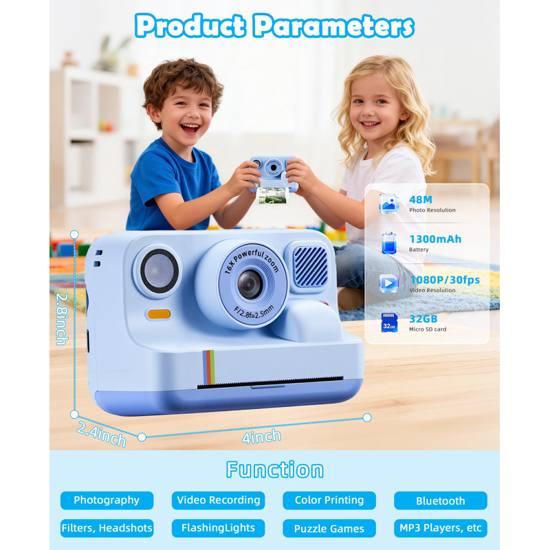 Kids Instant Print Camera 48MP with 16X Zoom, 1080P HD Video, Bluetooth, Dual Lens, 32GB Card & 4 Print Rolls