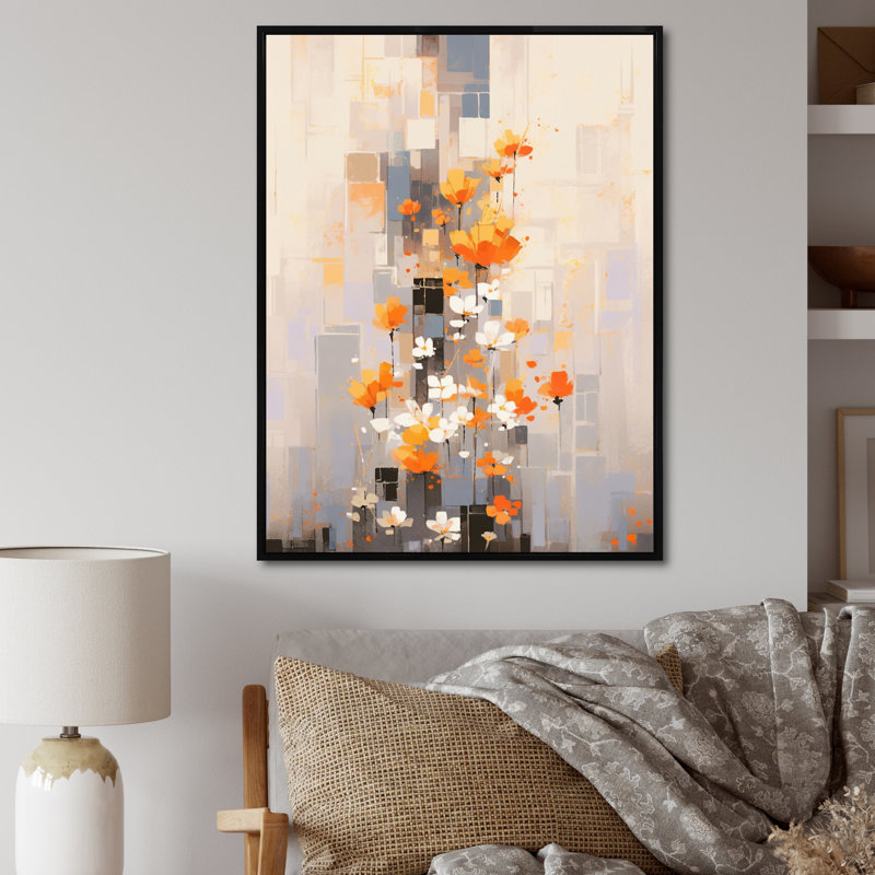 Fleurs de bouquet de coups de crayon orange gris sur toile, 32" H x 24" W, Cadre flottant noir