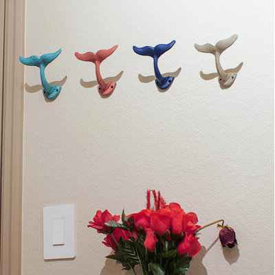 Albaugh coastal cast iron whale tail coat and towel wall hooks set of 4 in white, turquoise, coral, and blue enamel — 5" w x 3.5" h x 3.5" d