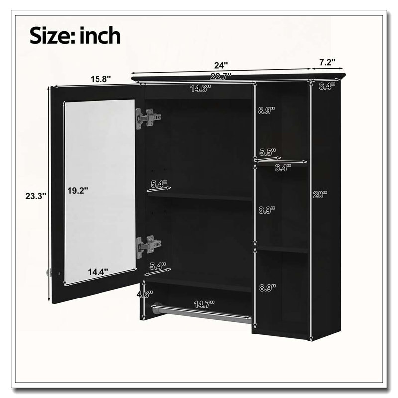 3-in-1 Bathroom Mirror Cabinet, 24-inch Wall Mounted Medicine Cabinet, Black