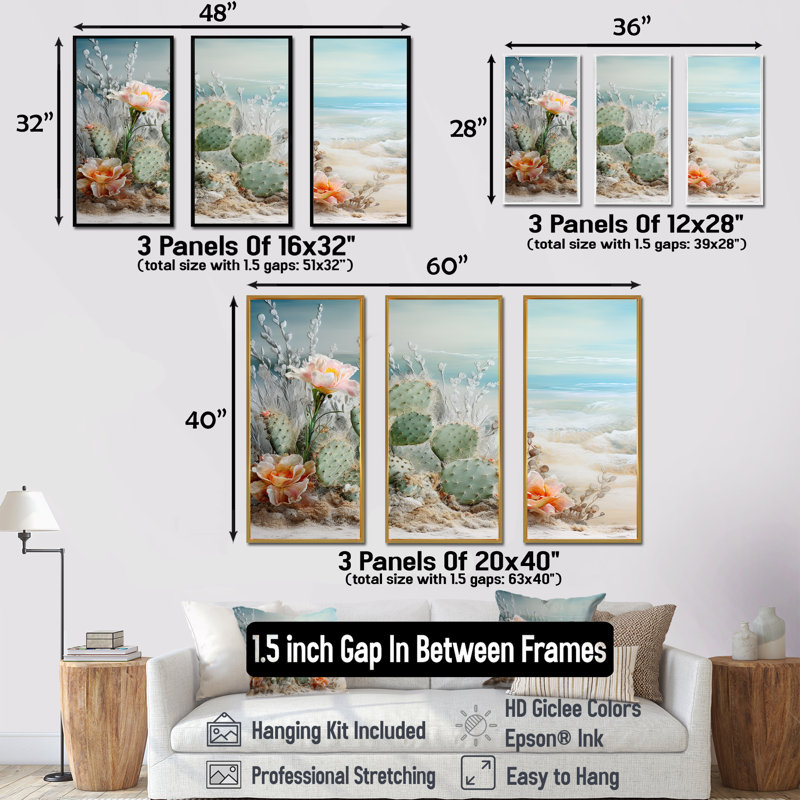 Collage cactus sur la plage I - ensemble de reproductions d'art mural floral cactus, Cadre flottant noir