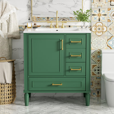 Meuble-lavabo de 30 po en céramique, porte à fermeture douce et 3 tiroirs, conception de drain de débordement, autoportant, pour les petits espaces