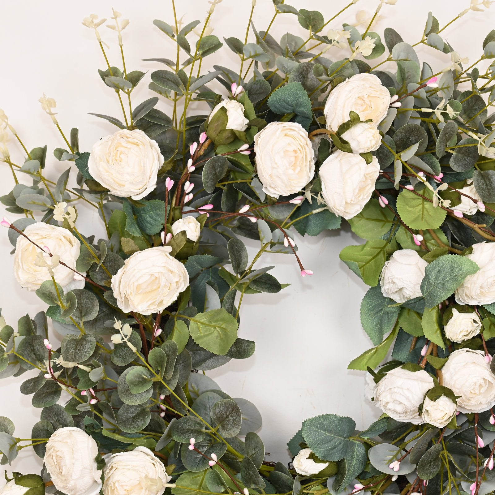 26" Handcrafted Eucalyptus Rose No Holiday Wreath, White
