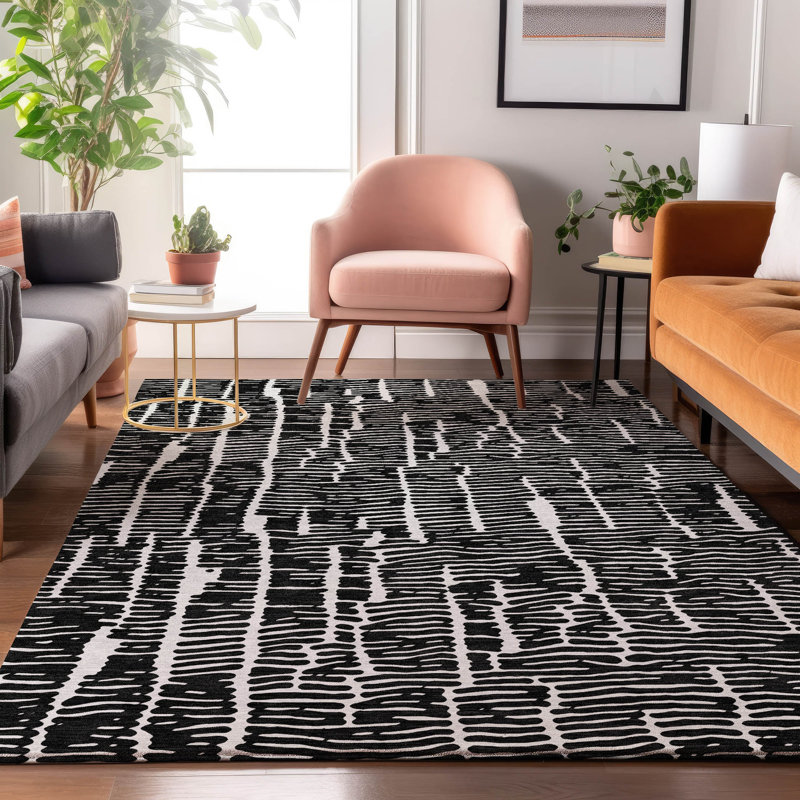 Premium Machine Washable Prisco Black Rug, Rectangle 3' x 5'