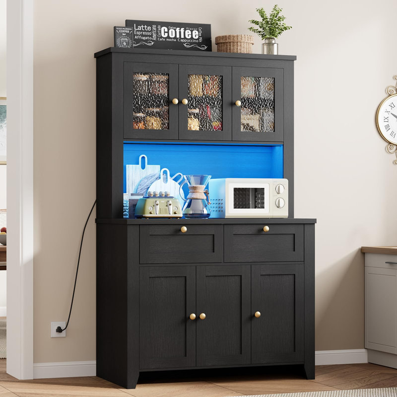 Bar Armoire à café haute avec 4 grandes armoires et 2 tiroirs, Noir