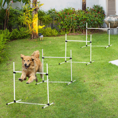 4 Piece Dog Agility Training Equipment For Dog Agility Course With Adjustable Height Jump Bars, Included Carry Bag, & Displacing Top Bar, White