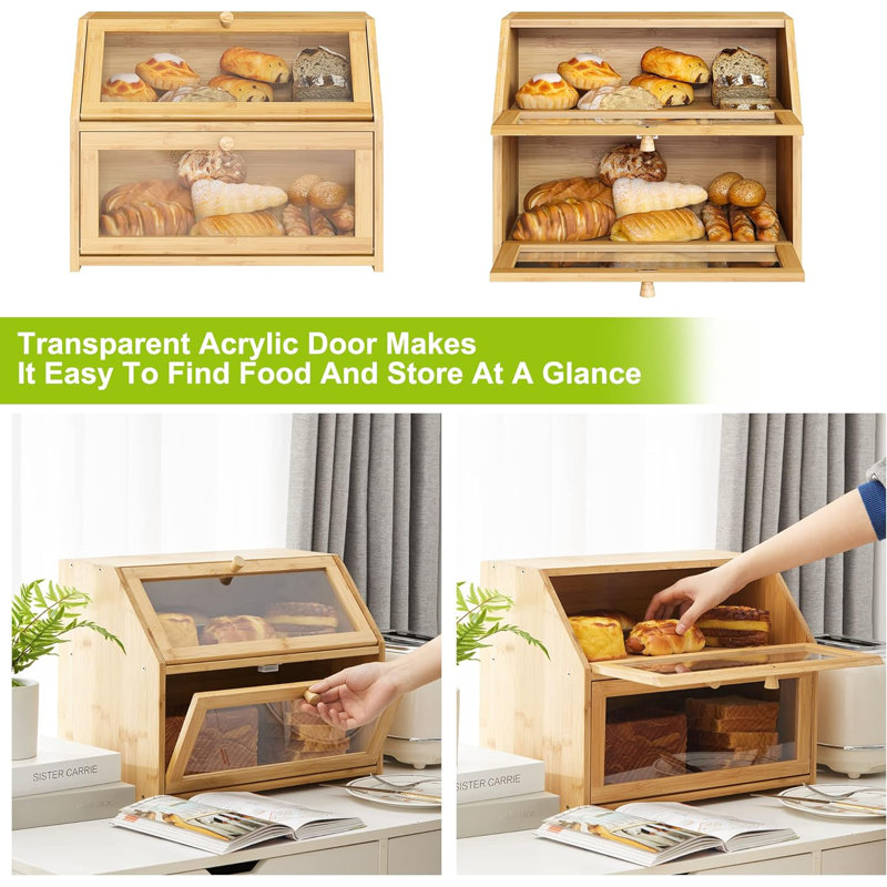 Bread Storage Farmhouse Bread Box For Kitchen Countertop Bread Container With Clear Window Breadbox Double Layer Bamboo Extra Large Capacity Bin Kitchen Food Storage Container(Natural)