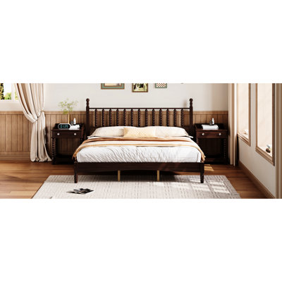Walnut King Size Wood Platform Bed, Gourd Shaped Headboard, Retro Design, Stable And Comfortable, Built - In Slats Bed With Frame, No Box Spring, Slat Support