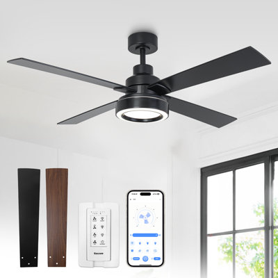 Ventilateur de plafond intelligent à DEL à intensité variable de 52 po avec 3 lumières CCT, ventilateur de plafond à DEL à pales en bois double face, moteur à courant continu réversible à 6 vitesses, tiges verticales de 6 po / 10 po, minuterie, application et télécommande