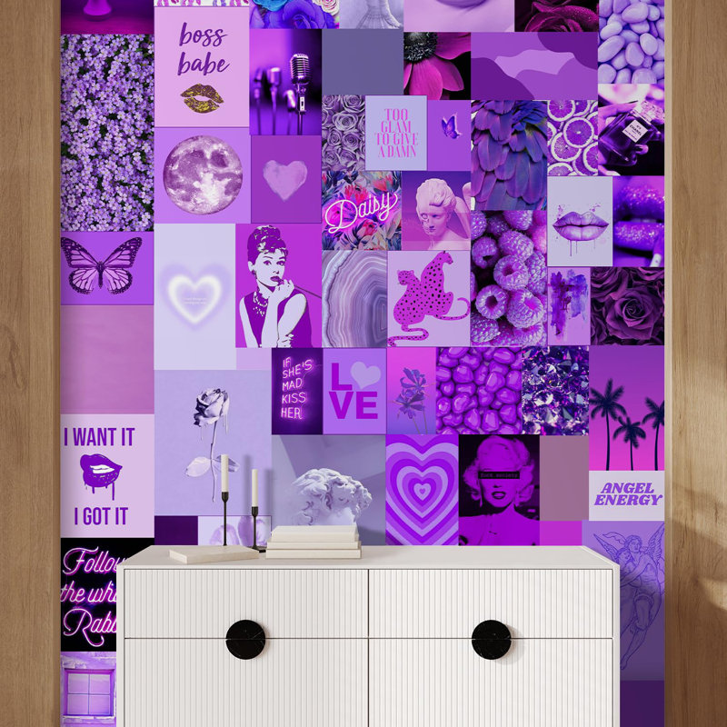 Vibrant mauve, mélange éclectique d'icônes et de graphiques, L 72 po x l 72 po