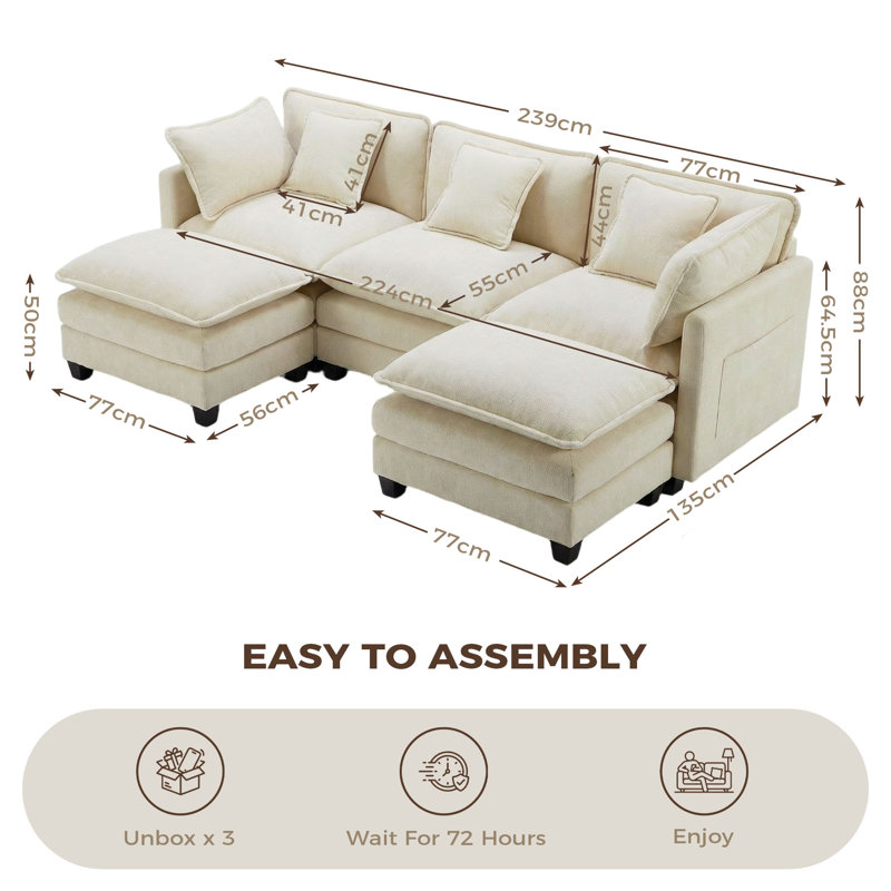 239cm Ultra-Soft Sofa with 2 Ottoman, Beige