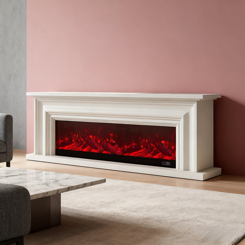 Meuble télé avec cheminée en chêne français rétro et luxueux, console décorative blanche / noire, L 94,49 po, Blanc