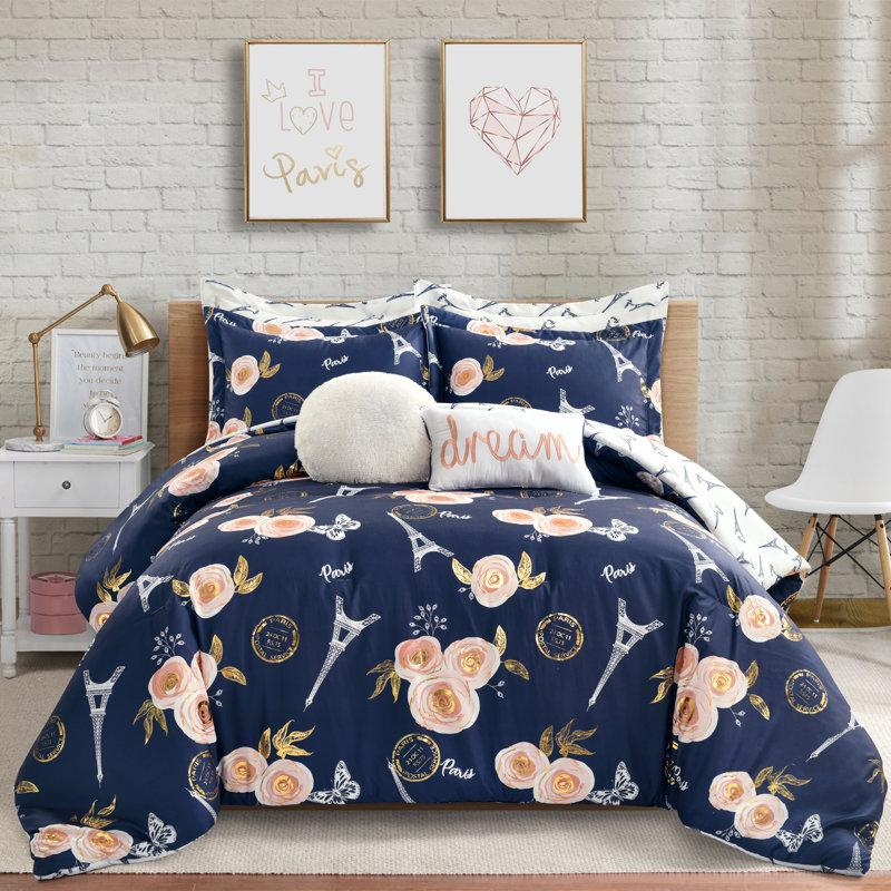 Vintage Paris Rose Butterfly Script Microfiber Reversible 7 Piece Comforter Set, Navy, King