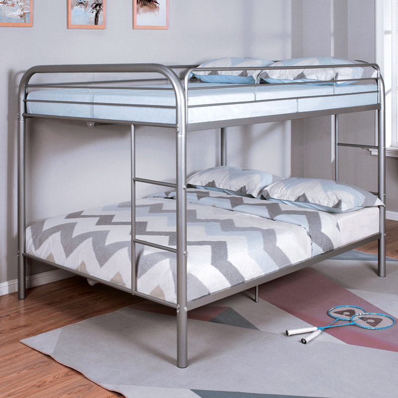 Lit superposé double en métal de style contemporain avec échelle en angle, argent, Argent