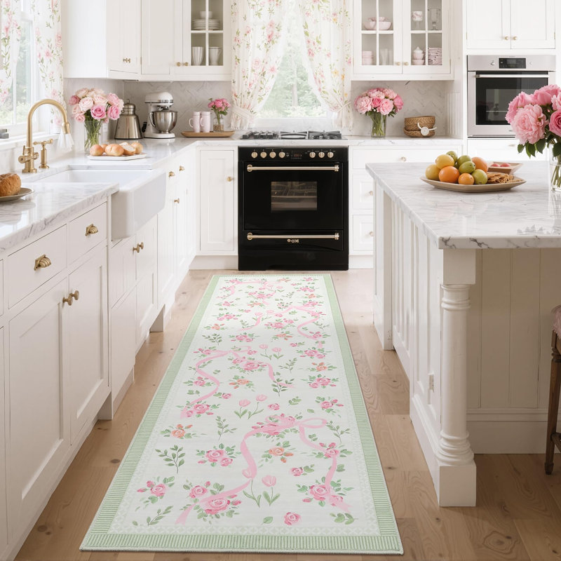 Tapis décoratif lavable, Tapis de couloir 2 pi x 6 pi, Green/Pink