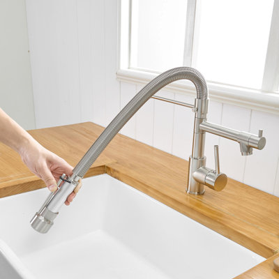 Robinet d'évier de cuisine avec tirette en nickel brossé - Laiton massif pour une installation fiable et moderne
