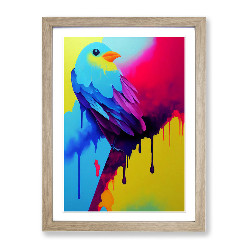 Bird Paint Drips No.3 - Wall Art, 36cm H x 27cm W x 2cm D, Oak Framed, White