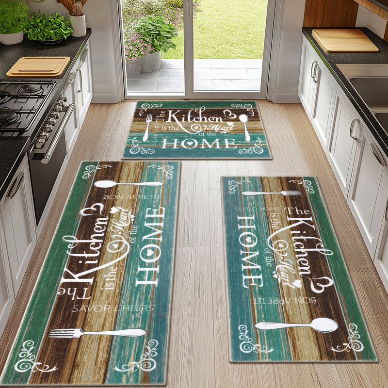 Machine Washable Non-Slip Kitchen Mat, Green/Brown/White