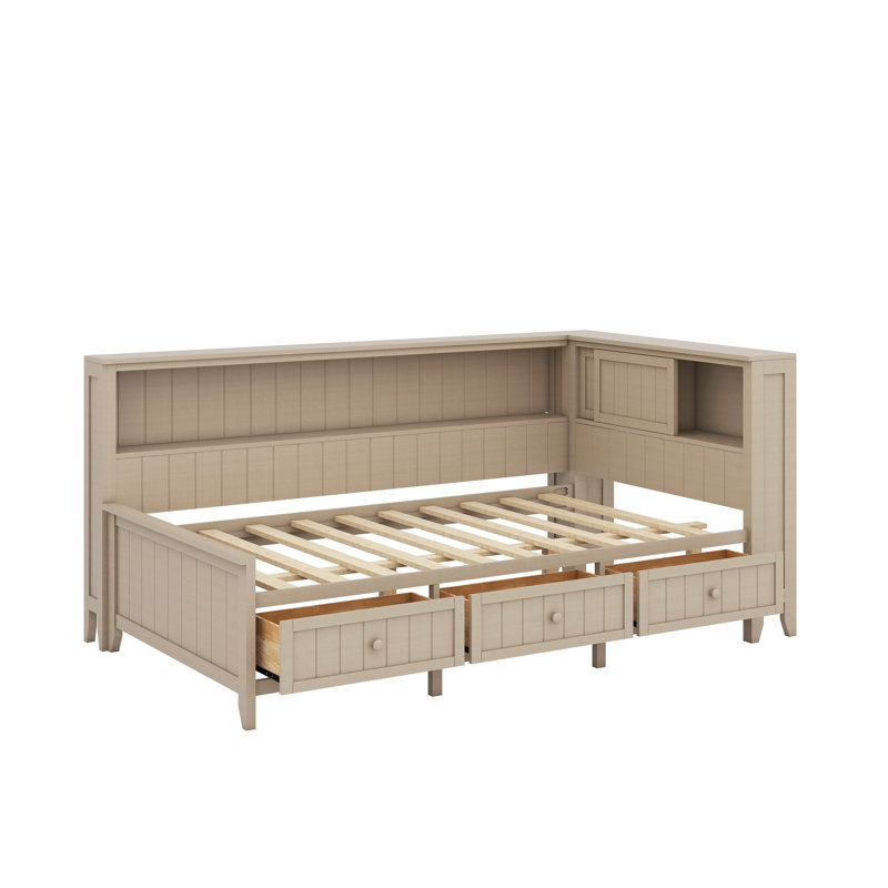 Lit de jour simple en bois avec tablettes et tiroirs de rangement