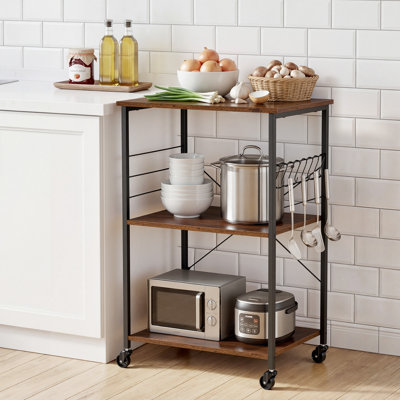 Kitchen Utility Cart, 3 Tier 23.7 in Microwave Stand Coffee Cart, Heavy Duty Storage Rack, Service Trolley on Wheels, Industrial Rolling Work Table with 8 Hooks, for Mini Oven, Toaster, Vintage
