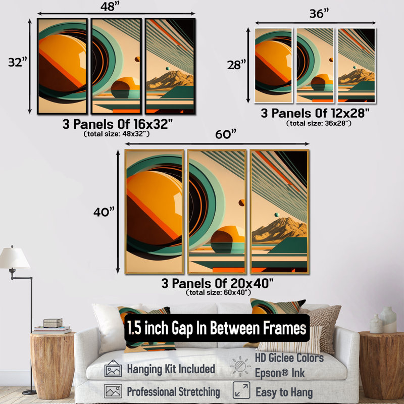 «Vintage Mid-Century Graphics III», reproduction sur toile 3 pièces, H 28 po x l 36 po, Cadre flottant brun