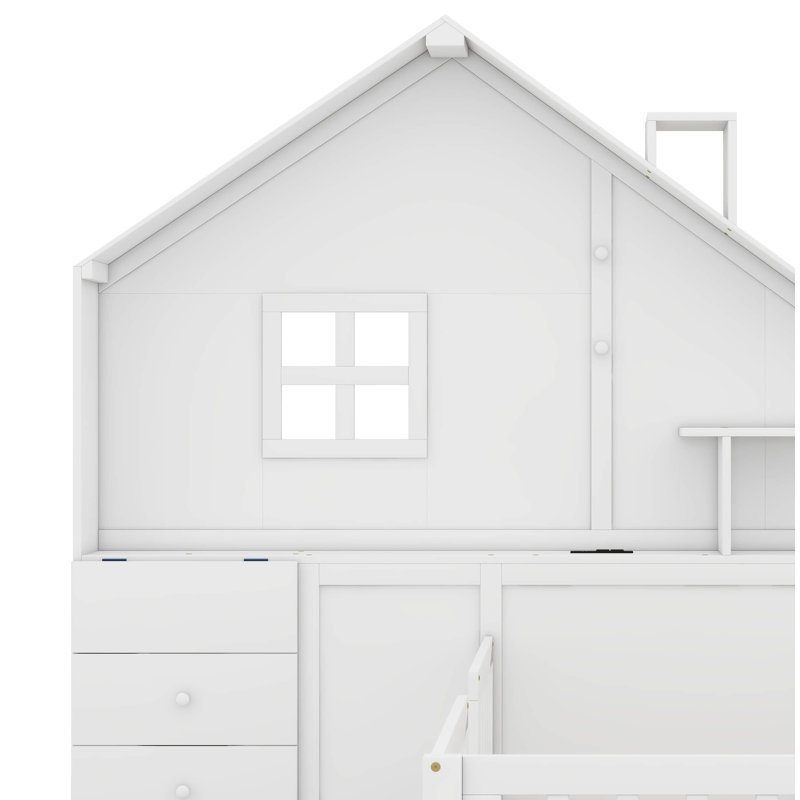 Helis House Bed with Window and Bedside Drawers, White, Twin