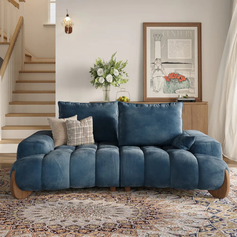 Canapé 2-3 places Mid-Century profond avec coussins réglables, 35.4" H x 85.2" W x 55.1" D, Blue
