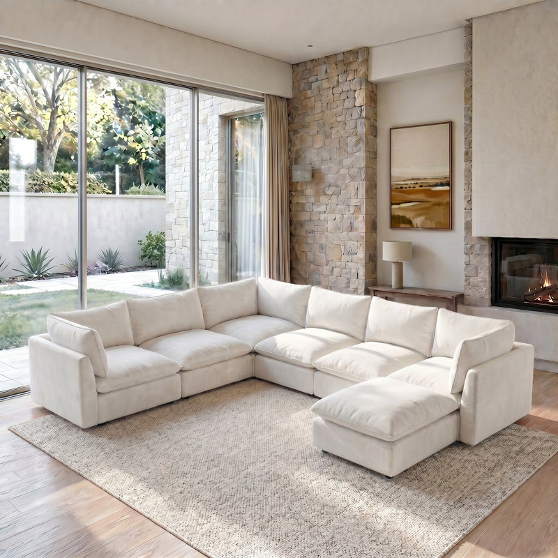 Canapé modulaire rembourré 7 pièces avec assise profonde 7 pièces, Chenille blanche