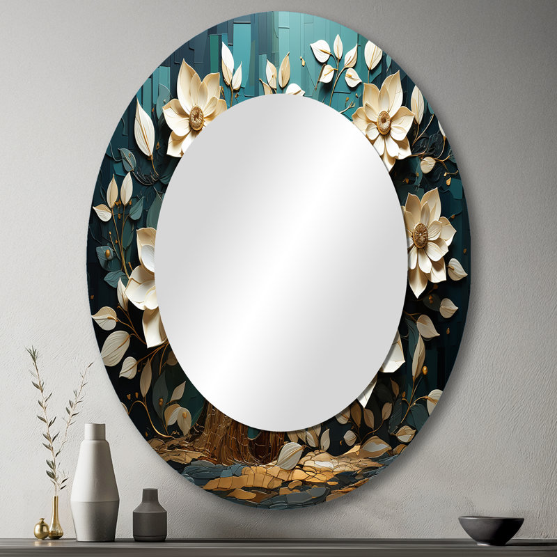 White And Blue Charming Spring Flower Elegance I - Traditional Oval Wall Mirror, 43" x 33"