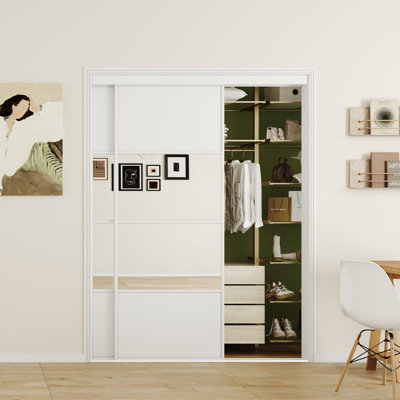 Portes CHIC MODE 60 po x 80 po, porte coulissante en bois MDF mi-miroir mi-blanc, 4 carreaux, avec quincaillerie