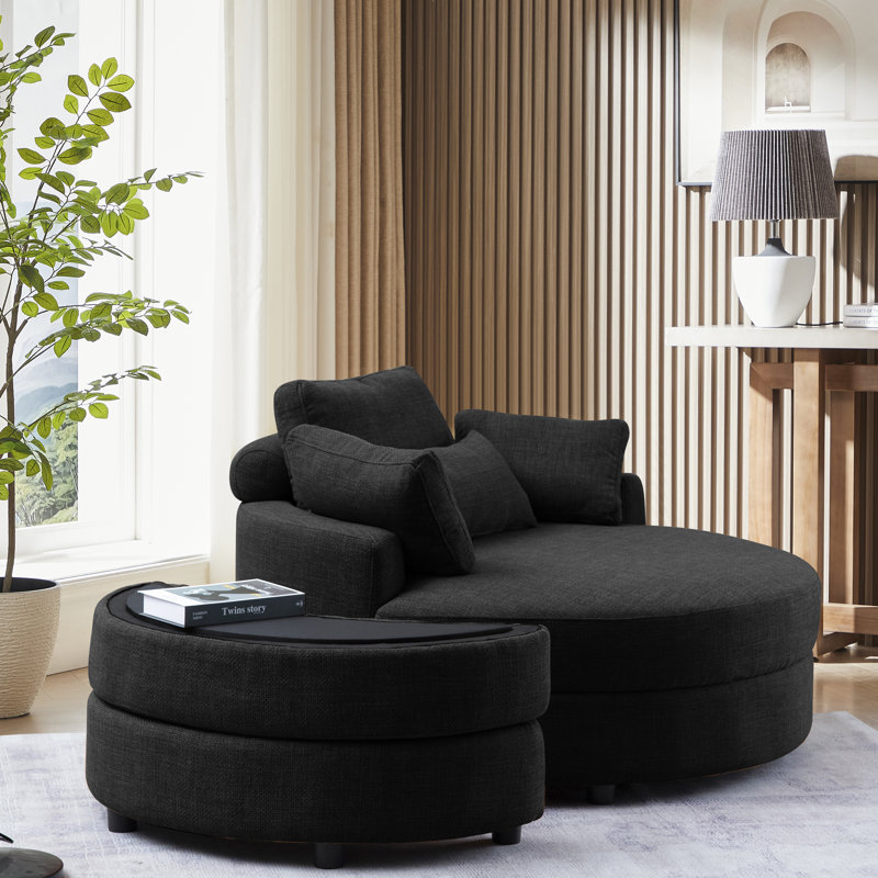 Danieal Upholstered Barrel Chair with Ottoman, Black Fabric
