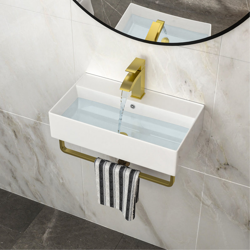 Lavabo de salle de bain en céramique rectangulaire 21 po x 12 po avec barre à serviette et trop-plein or, robinet doré