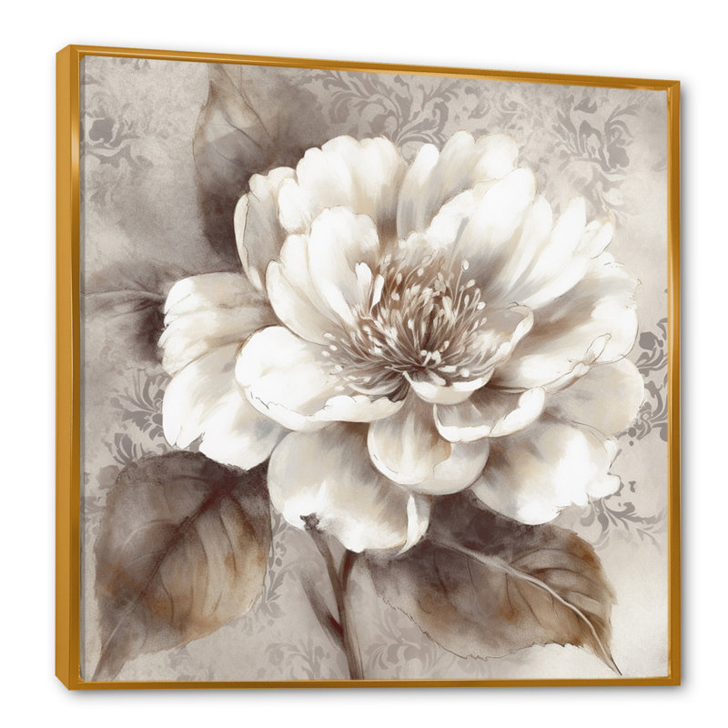 Pivoines grises sur branche III - pivoines, art mural sur toile, H 30 po x l 30 po x P 1 po, Cadre flottant doré